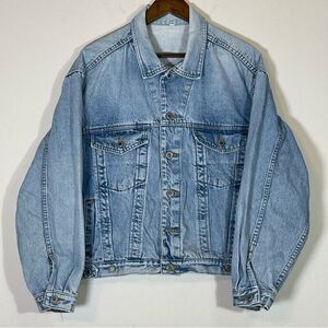 C&A Fade Out Denim Jacket Size Medium Missing Button ~ Belt Length Jean Jacket